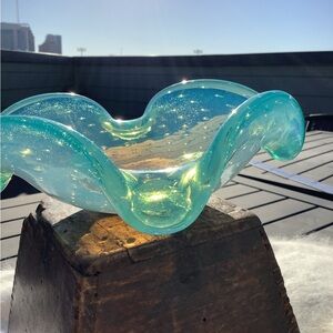 Mid Century Murano Translucent Bullicante Light Blue Turquoise Glass Shell Bowl